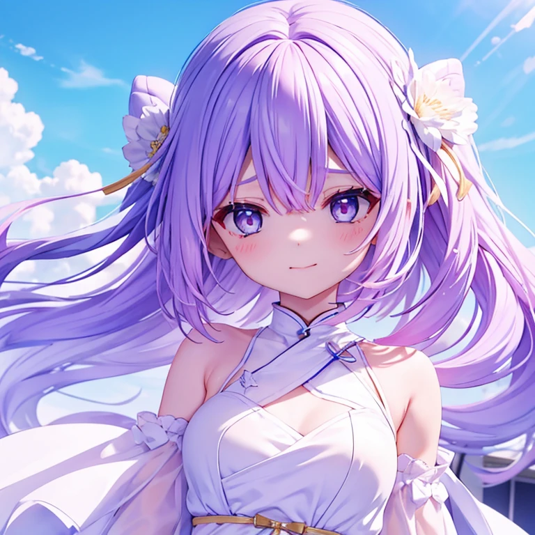 Light purple hair color、beautiful a girl、White Dress、blue-sky、full bodyesbian、Troubled face、smil
