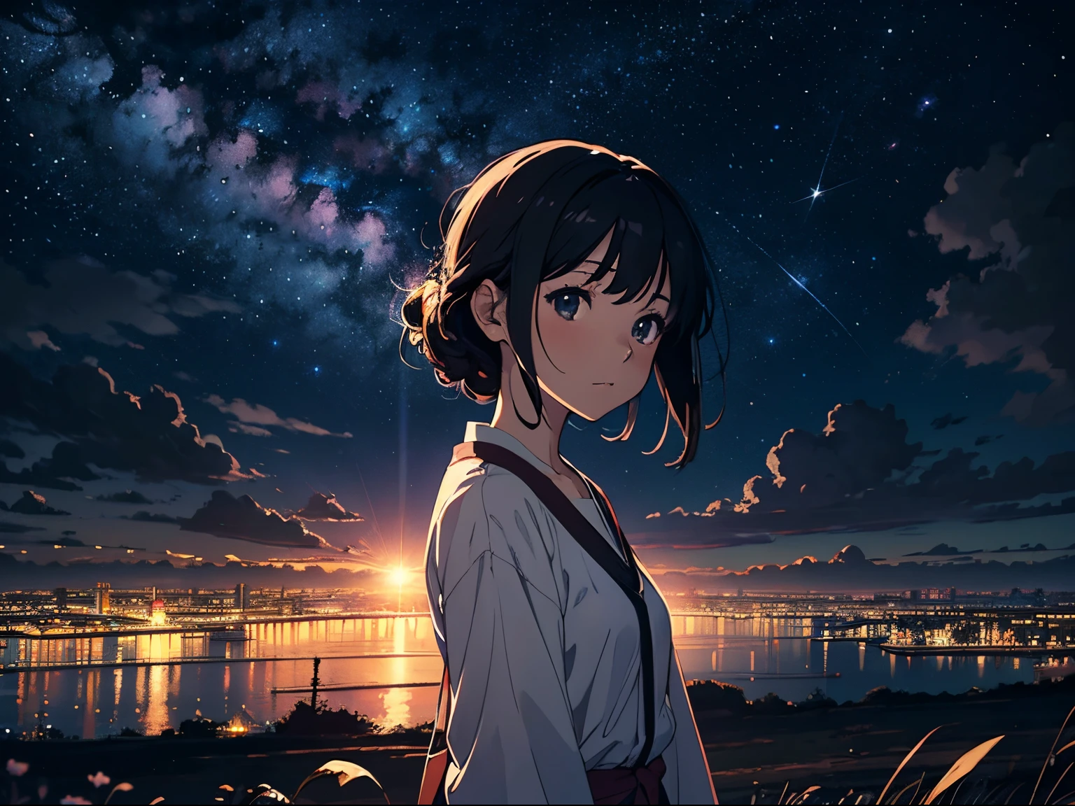 Masterpiece, 4k, anime girl looking at the sky, midnight sky, sky has so many stars, beautiful sky, beautiful girl, night, beautiful world, dark, black hair, windy weather, amazing photo, estudio ghibli style