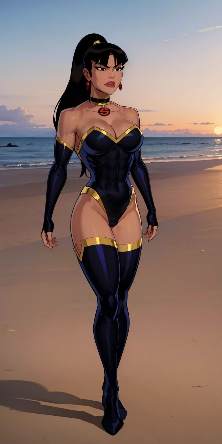 (masterpiece, best quality:1.2),  something unlimited,  superwoman (mary batson), 1girl, solo, breasts, black hair, thighhighs, large breasts, leotard, dark skin, long hair, gloves, dark-skinned female, ponytail, choker, jewelry, cleavage, abs, fingerless gloves, elbow gloves, bare shoulders, black gloves, strapless, black thighhighs, makeup, black leotard, strapless leotard, muscular female, earrings, muscular, lipstick, lips, bangs, covered navel, black eyes, toned, highleg leotard, blunt bangs, thighs, outdoors, beach, sand, sunset,