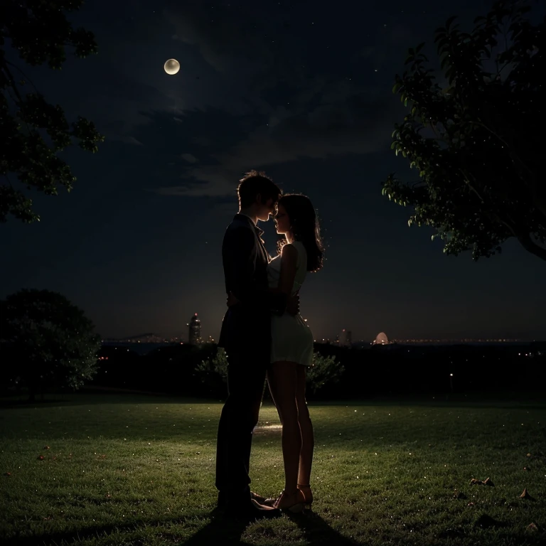 A pair of lovers are enjoying a beautiful and calm night between the moon that lights up seen from behind like a beautiful silhouette under a shady tree