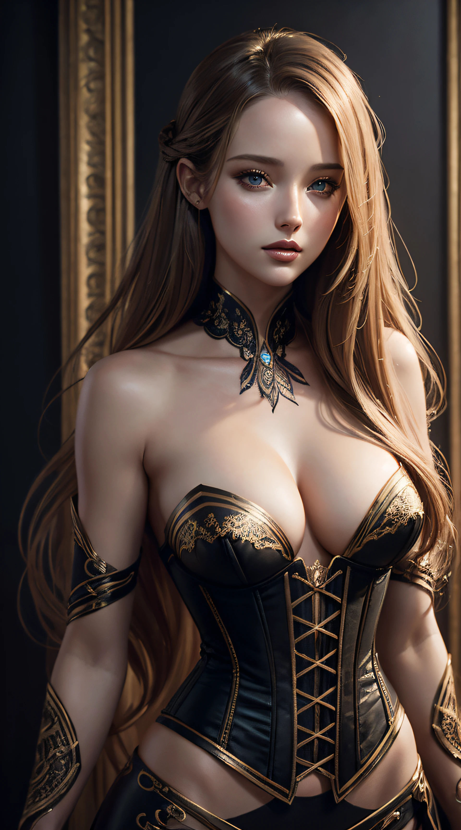 Merritt Patterson, nude corset sexy clothes, character portrait, 5 9 9 0 s, long hair, intricate, elegant, highly detailed, digital painting, artstation, concept art, smooth, sharp focus, illustration, art by wlop, charlie bowater and alexandra fomina