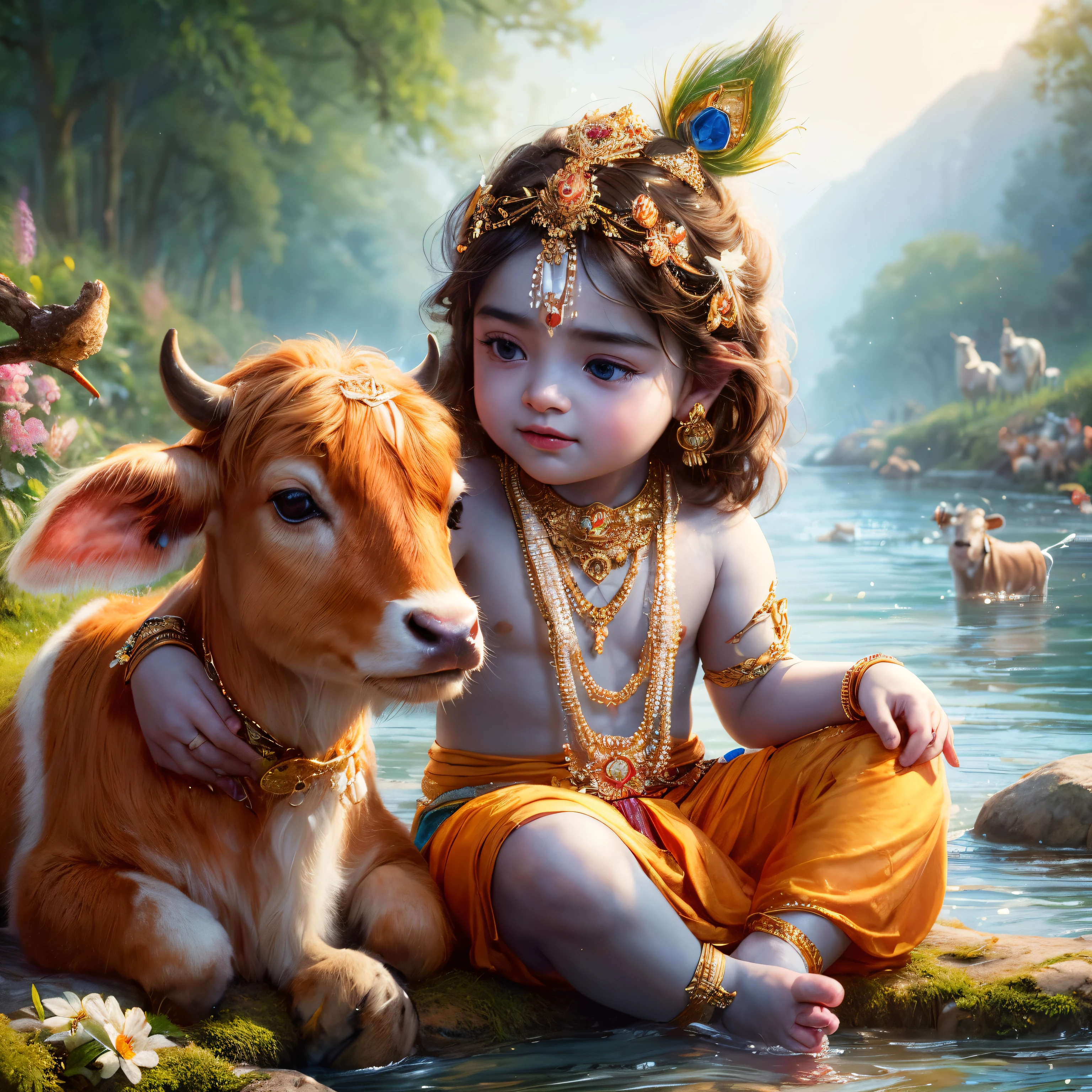 cinematic lighting, ultra hi-res photograph, (masterpiece,best quality,realistic):1.4, (best quality, masterpiece, ultra-realistic),(((Masterpiece))), (((Best quality))), ((Ultra-detailed)),(Highly detailed CG illustration), ((An extremely delicate and beautiful)),Cinematic light,young Lord Krishna With Cute Cow Calf Near River,