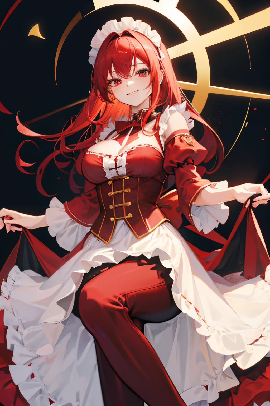 (best quality,4k,8K,High resolution,masterpiece:1.2),Extremely detailed,(Practical,photoPractical,photo-Practical:1.37),Red Hair Girl,long hair,Yellow eyes,Pleated skirt,knitted tops,portrait,((Red Moon,castle,Stone situation,Red spider lily)),carefree expression,Peaceful atmosphere anime girl.
