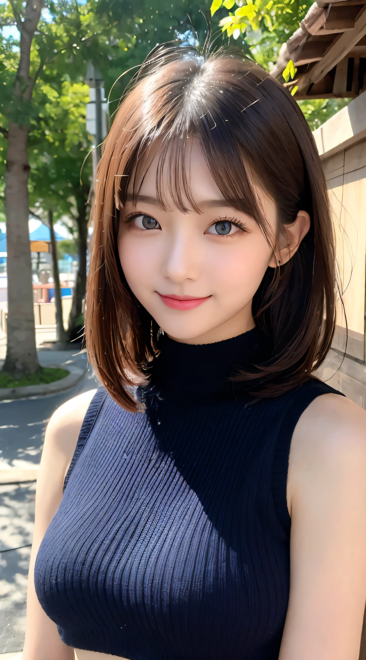 masutepiece, Best Quality, Photorealsitic, finely detail, hight resolution, 8K Wallpapers, Perfect dynamic composition, Beautiful detailed eyes, Medium Hair, large full , Random and  poses,Bring your  together、(Ultra Small Mock Neck Crop Tank Top Black Knitwear)、( bulge 1.2)、A smile、open open mouth、Resort scenery、23years old、(Drooping eyes 1.4)、Adult beauty、japanes