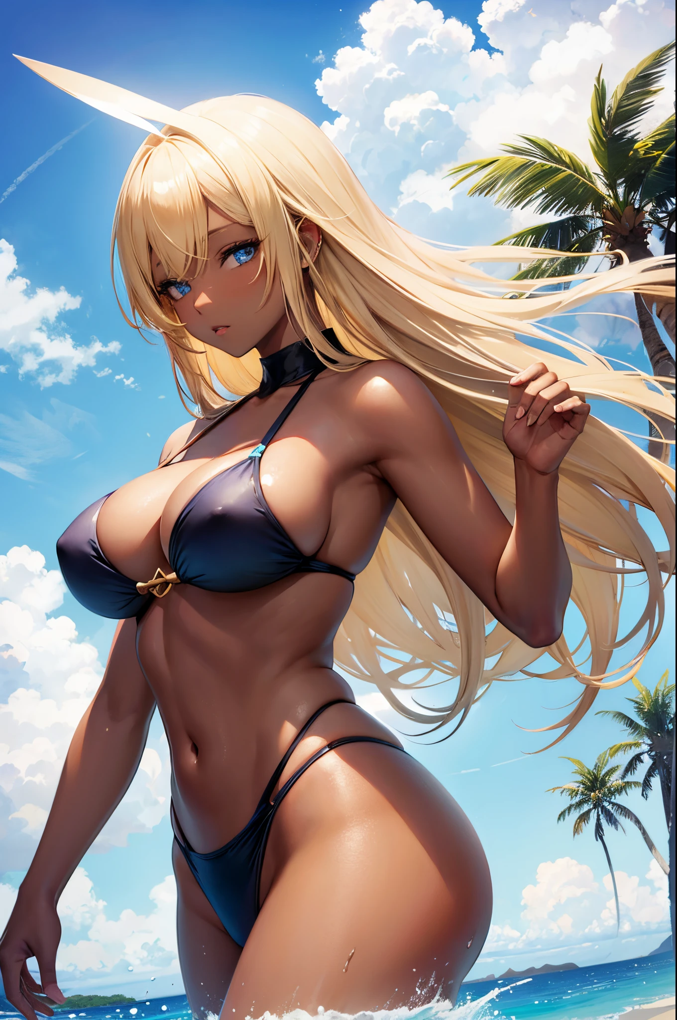 Female, hime cut Blonde hair, Blue eyes, dark brown skin, large breasts, wearing a bikini with the beach in the background