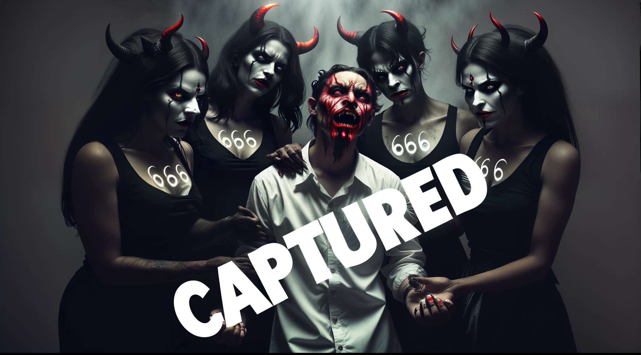 a man in a white shirt and black dress with horns and devil makeup, capture, demonic photograph, captured on canon eos r 6, cursed photography, terrified 👿, cursed imagery, cursed photograph, photographed, scary horrifying satanic rituals, cursed image, ((oversaturated)), 6 6 6, 666, captivating