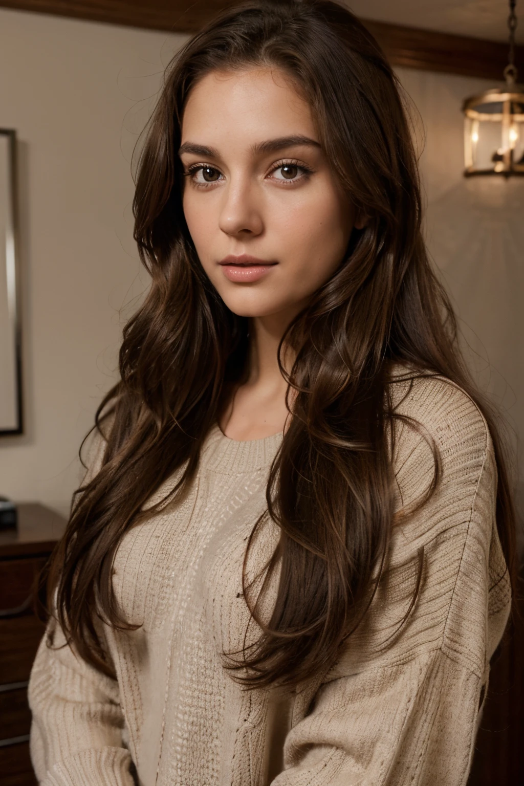 arafed woman with long brown hair and a sweater on, girl with brown hair, girl with dark brown hair, beautiful model girl, photo of a beautiful woman, beautiful girl model, attractive girl, beautiful female model, attractive brown hair woman, girl with long hair, appealing long hair, sexy girl with dark brown hair, brunette woman, attractive beautiful face , big tits!, 8k, best quality, super realistic!!! ,