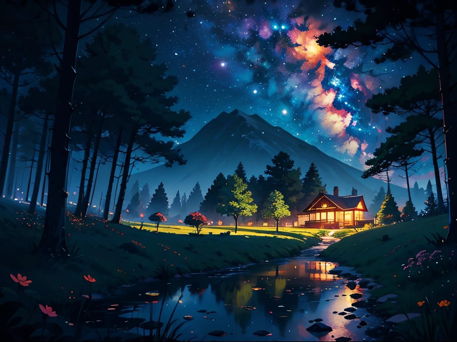 illustration, cartoon, soothing tones, calm colors, (anime), (illustration), cartoon, detailed, masterpiece, beautiful landscape, forest, pond, pathway,night, nebula, starry sky, 8k, best quality, dark shot, detailed, studio ghibli style