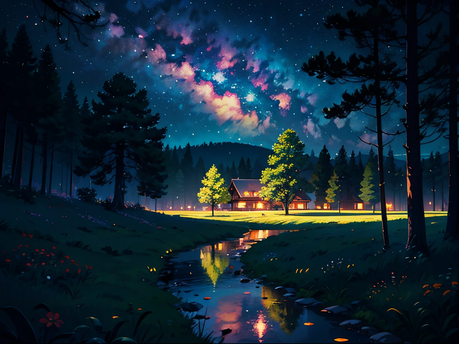illustration, cartoon, soothing tones, calm colors, (anime), (illustration), cartoon, detailed, masterpiece, beautiful landscape, forest, pond, pathway,night, nebula, starry sky, 8k, best quality, dark shot, detailed, studio ghibli style