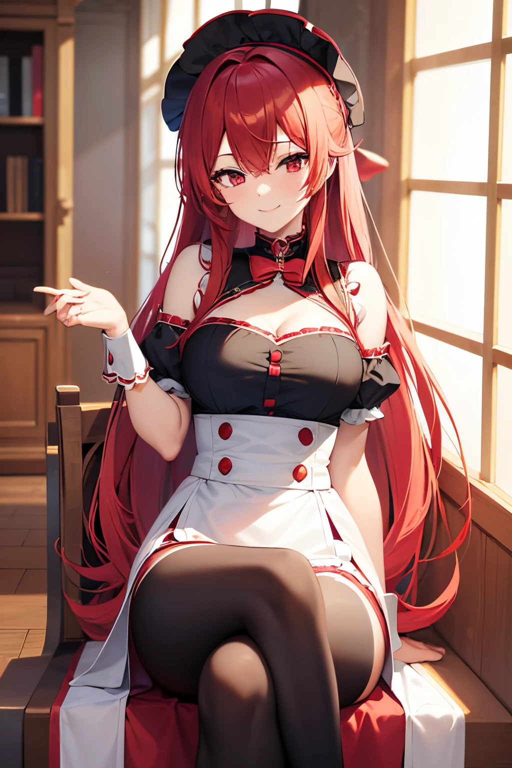 (Masterpiece), (best quality), Anime Style 4K, ((((Solo)))), ((Female with extremely messy layered red hair)), ((long hair)), ((sexy black and white maid dress)), (showing cleavage), ((red eyes)), (nervous), ((sexually suggestive)), ((Curvy)), ((shy poses)), ((looking at viewer)), (maid cafe), (thick thighs), (stockings), ((beautiful bar)), (slightly above shot), (((Nao Egokoro))), ((viewer is looking from below)), (white panties), ((she is squatting down)), (cat ears), (mature girl)