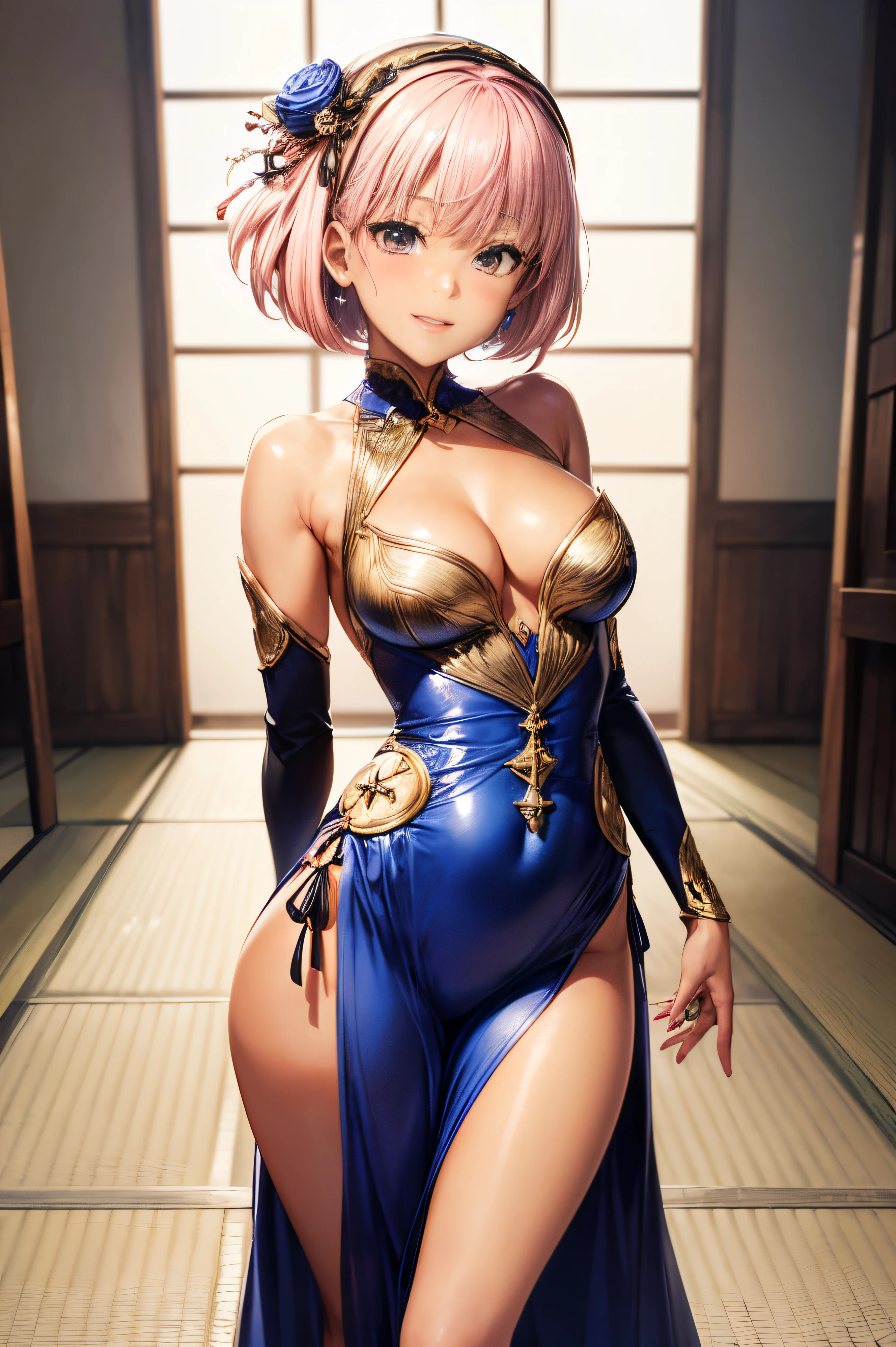 ((Anatomically correct hand:1.5)), Anime, Sexy, ((The costume is made of metal:1.5)), ((In Kyoto Animation Style:1.5)), super precision, ​masterpiece, very extremely beautiful, Princess Face, ((1人の女性)), ((Solo:1.5)), ((Pink hair:1.5)), ((BobKat 1.5)), BREAK, ((Black eyes)), short-cut, ((Straight hair)), BREAK, Full limbs,((complete fingers:1.5)), NSFW, ((medieval luxury dress:1.5)), BREAK, ((Skindentation)), Professional Lighting, (25-years old), Narrow waist, Shiny skin ((Brown skin:1.5)), ((Oiled skin)), glistning skin, Looking at Viewer, Cowboy Shot, ((Dynamic Pose:1.5)), is looking at the camera, inside in room, Sexy, A slight smil, Slightly open mouth, ((Cute)), ((Arms behind your back:1.5)), Ultra-fine eyes, Ultra-fine face, ((thin lips:1.5)), Sexy, ((drooping eyes)), A slight smil, Sexy, ((portlate:1.5)), faces, Sexy, Looking at the camera, Sexy, ((The costume is made of metal:1.5)), ((is standing:1.5)), Sexy, ((kawaii faces:1.5)),