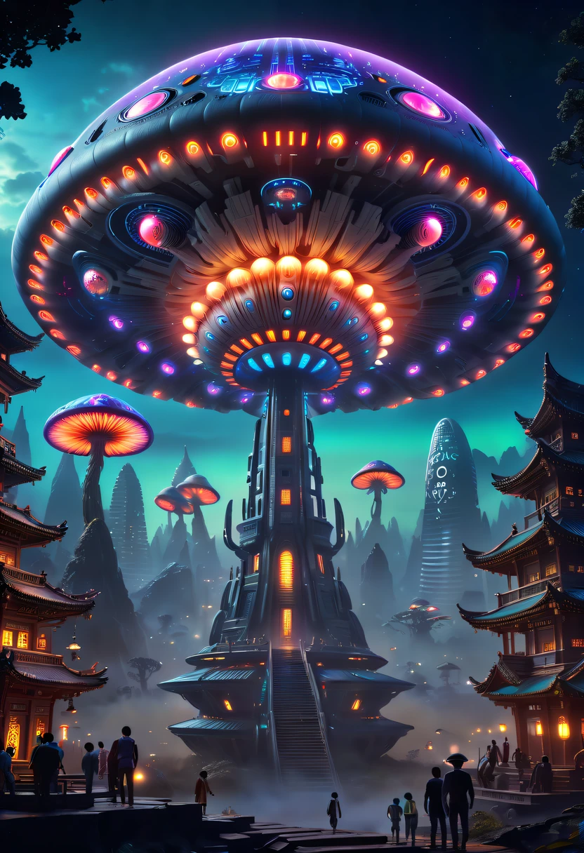 (Best quality,A high resolution,tmasterpiece:1.2),ultra - detailed,actual,sci-fy,Glowing Mushroom Alien Spaceship,round form,large size,with glowing lights,metal surfaces,circling,floating in sky,nighttime scene,Illuminate the surroundings,Alien symbols and hieroglyphs,The colorful light emitted by the spaceship,It creates a spooky and mysterious atmosphere,An unforgettable sight,Otherworldly technology,dominant landscape,vibrant with colors,Bokeh lighting effect