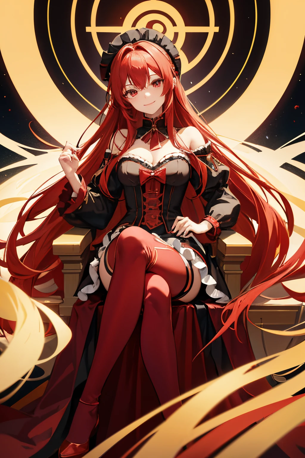 "anime girl, 1 person, bright red hair, shoulder length hair, dark red eyes, small hat, red hat with gold trim, maid, maid outfit, lolita,big breasts, pants stockings, crossed legs, smiling smiling, solo, front view (full HD 4K+ photo)"
