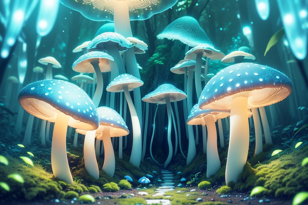 Best quality at best,A high resolution,ultra - detailed,(actual:1.37),extremly intricate,Fluorescent Mushroom Baby,Whole glowing transparent mushroom,like a dream,Forest scene,Dewdrops,flash lights,soft mist,fluorescent light blue,emit bright light,transparency,enchanting atmosphere,The magic of nature,Surreal,HighDynamicRange,Focus sharp,bokeh