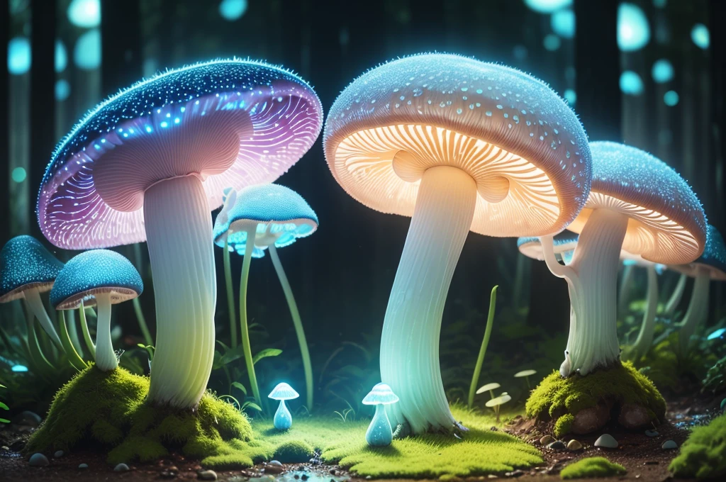 Best quality at best,A high resolution,ultra - detailed,(actual:1.37),extremly intricate,Fluorescent Mushroom Baby,Whole glowing transparent mushroom,like a dream,Forest scene,Dewdrops,flash lights,soft mist,fluorescent light blue,emit bright light,transparency,enchanting atmosphere,The magic of nature,Surreal,HighDynamicRange,Focus sharp,bokeh