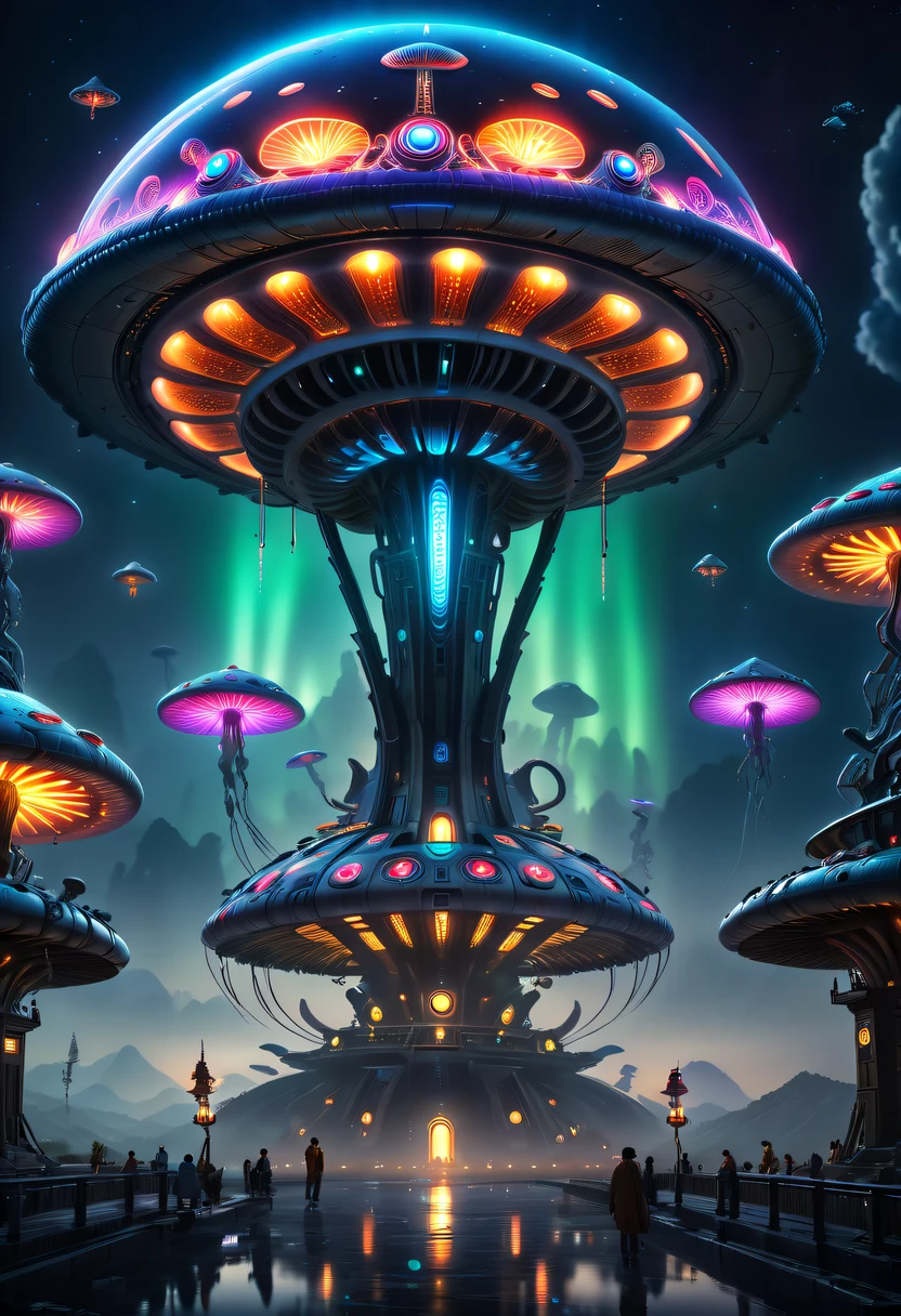 (Best quality,A high resolution,tmasterpiece:1.2),ultra - detailed,actual,sci-fy,Glowing Mushroom Alien Spaceship,round form,large size,with glowing lights,metal surfaces,circling,floating in sky,nighttime scene,Illuminate the surroundings,Alien symbols and hieroglyphs,The colorful light emitted by the spaceship,It creates a spooky and mysterious atmosphere,An unforgettable sight,Otherworldly technology,dominant landscape,vibrant with colors,Bokeh lighting effect