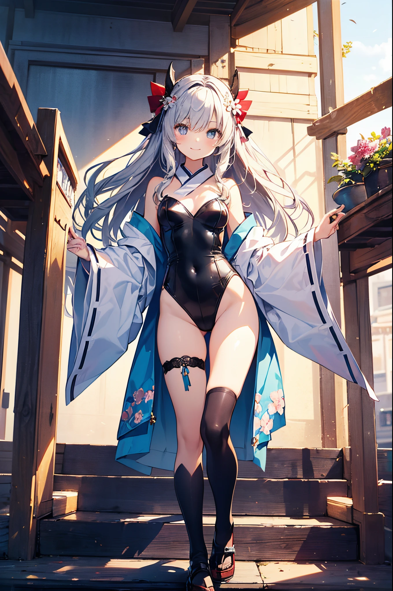 ((2D beautiful girl、top-quality、Perfect Finger 1.1、Perfect Anatomy 1.1、extremely delicate and beautiful illustration))、cute petit girl、(transform sequence)、((Shrine maiden style leotard))、14years、a junior high school student、Fractal Art、baby-face、((stright long hair))、beatiful detailed eyes、Show your teeth and give your best smile、Full Body Display、（1 persons）、blue open sky、