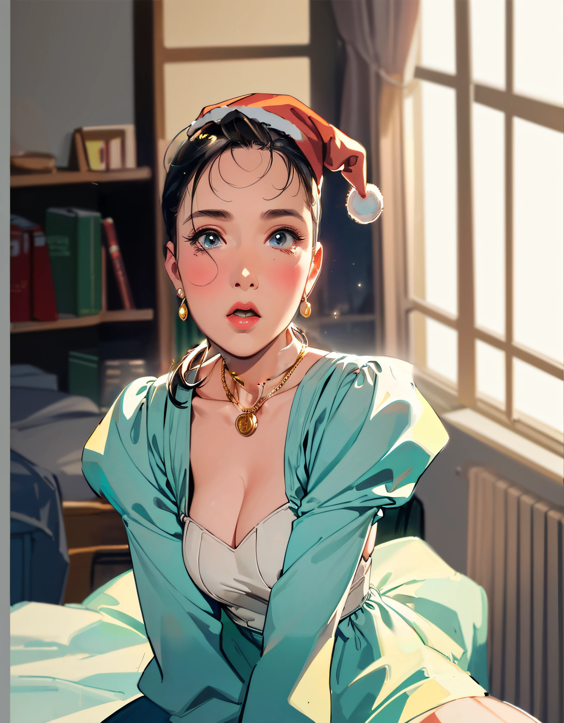 Girl in Santa Claus hat, Sit on the bed in the room