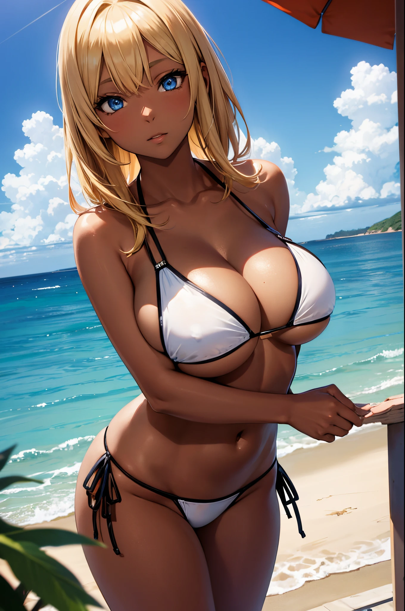 Female, hime cut Blonde hair, Blue eyes, dark brown skin, large breasts, wearing a bikini with the beach in the background