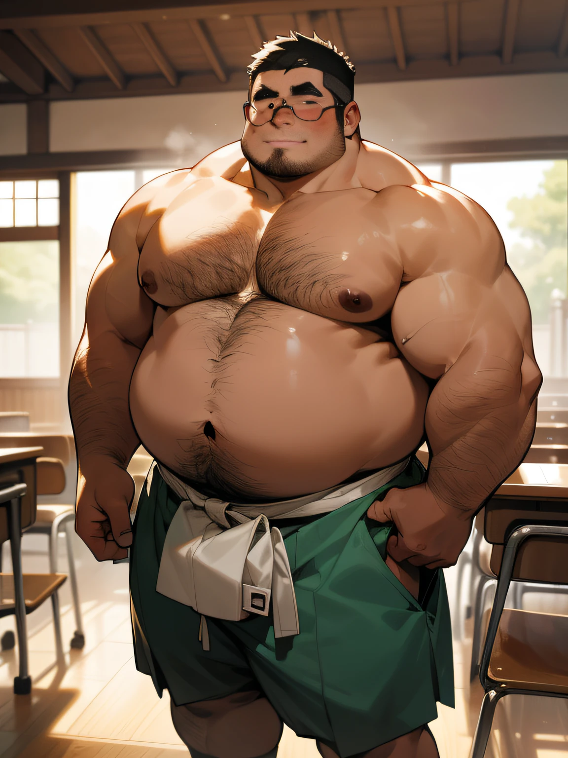 The fat man is 50 years old in Japan, 1man, Stand and lean forward、Looking down, little man, Tightening the wrestler's ivory belt, Mawashi, Shirtless, Glasses, hairy, Bowleg, Bare legs, Shirtless, obesity with protruding belly, short stature and short limbs, Round face, crewcut, Shy, tearful, crass room, a picture, high detail photo, masutepiece