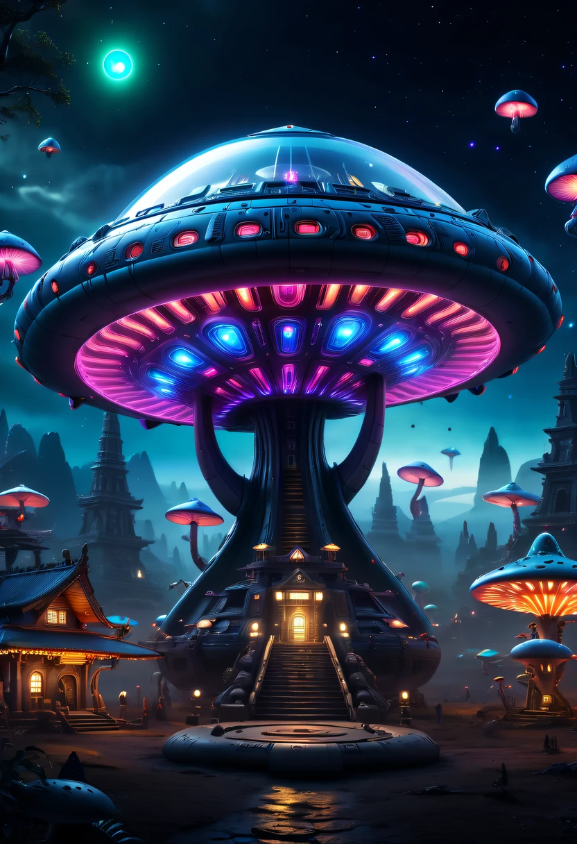 (Best quality,A high resolution,tmasterpiece:1.2),ultra - detailed,actual,sci-fy,Glowing Mushroom Alien Spaceship,round form,large size，with glowing lights,metal surfaces,circling,floating in sky,nighttime scene,Illuminate the surroundings,Alien symbols and hieroglyphs,The colorful light emitted by the spaceship,It creates a spooky and mysterious atmosphere,An unforgettable sight,Otherworldly technology,dominant landscape,vibrant with colors,Bokeh lighting effect