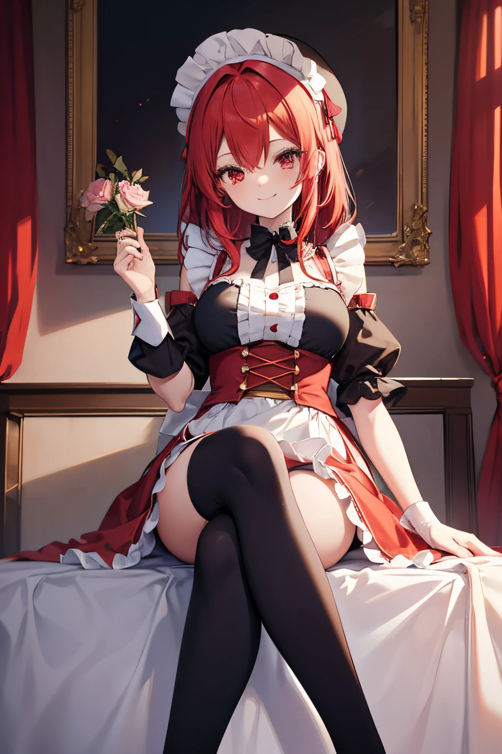 "anime girl, 1 person, bright red hair, shoulder length hair, dark red eyes, small hat, red hat with gold trim, maid, maid outfit, lolita,big breasts, pants stockings, crossed legs, smiling  smiling, solo, front view (full HD 4K+ photo)"