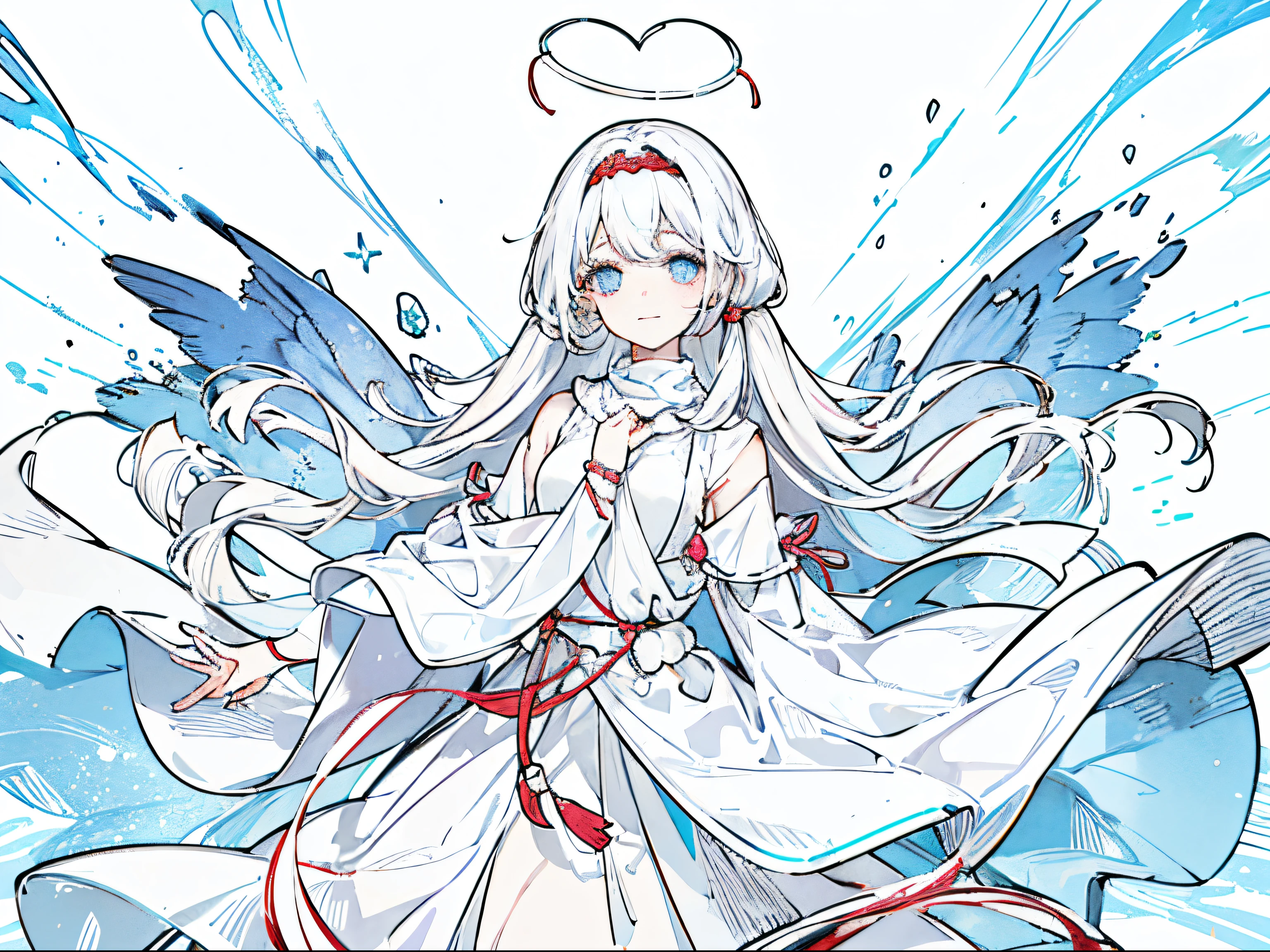 girl、There was light rain、white color hair、Than heart、Bandages wrapped around hands、A bandage around his neck、Have red and blue eyes、Smile and cry、Squinted eyes、parting moment