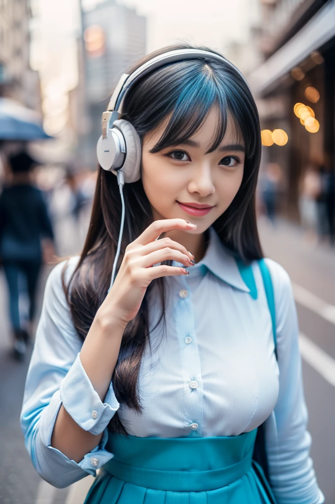 indonesian woman in traditional dress walking in the street, from above:1.5, looking at camera, headphone, perfect face, beautiful face, detailed face, long hair, blue hair, realistic hair, detailed hair, blue eye, perfect eye, smiled slyly, blue lips, perfect lips, long dress, blue dress colorful, white shirt, mini shirt, big breast, navel, detailed navel, perfect hand, perfect fingers, detailed finger, blue panties, white stocking, blue shoes, detailed_background, clouds, edifice, moon, night, lots of lights, perfect lighting