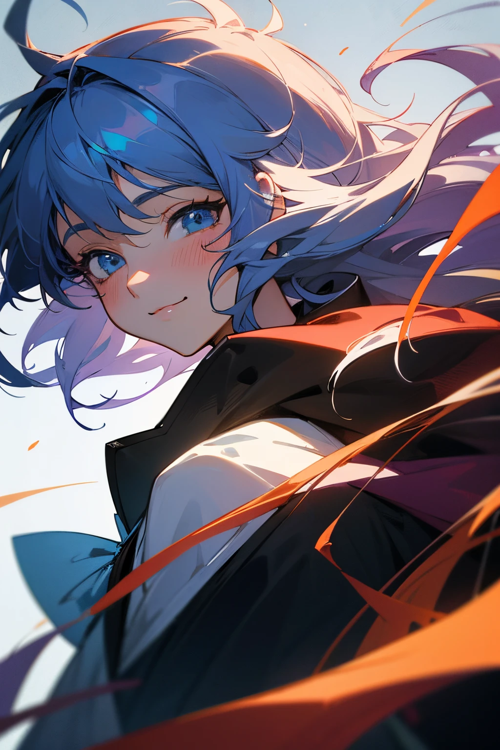 Female character, 1woman, solo, anime, beautiful, aesthetic, illustration, anime artstyle, masterpiece, best quality, detailed, ultra quality, professional artwork, digital art, adult, irresistible, gorgeous, pure art, official art, 4k, hd, anime art, illustration anime digital art, digital, professional artist, dark blue hair, long hair, messy hair, light blue eyes, black and white clothes, village outfit, so pretty, smile, cute blush, looking you, adult, human, poor clothes, strings, basic art, simple float 2d anime artstyle