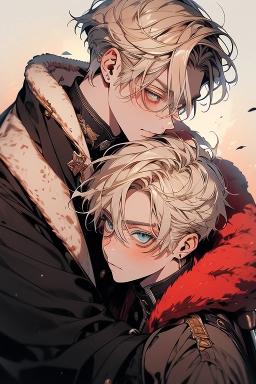 (((Two men、2 adult males))),(((face perfect、perfect eyes)))、red blush、Troubled face、Academy of Magic Uniform、Gradient Hair、、Elegant coat、Clothes with fur、Conspiracy look、Provocative facial expressions、Ridicule、Laugh、Men with broad shoulders、 Various poses、Luxurious decoration in gold、Luxurious two-seat chair、The long-haired、