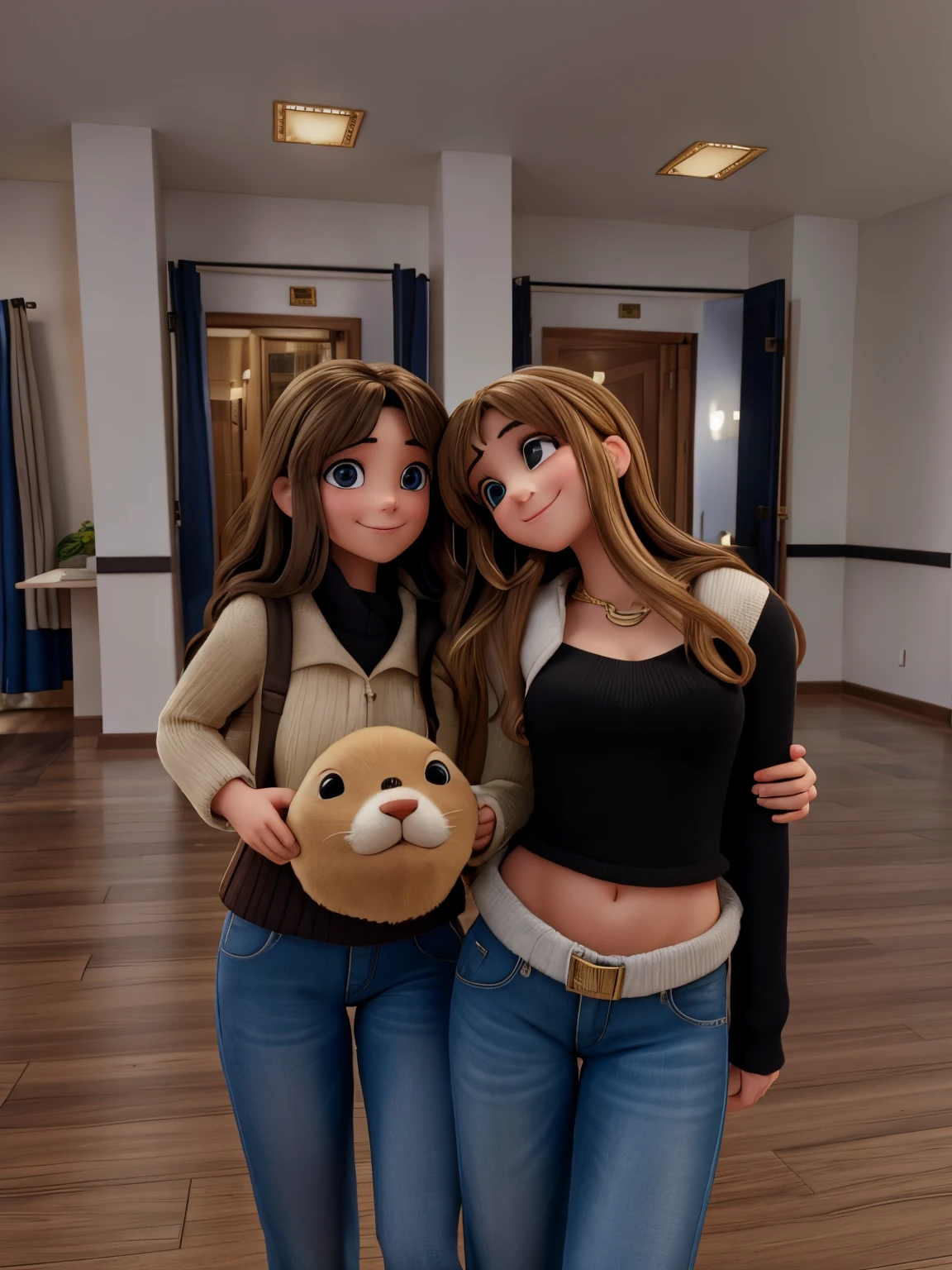 They are happy and the brunette girl looks in camera