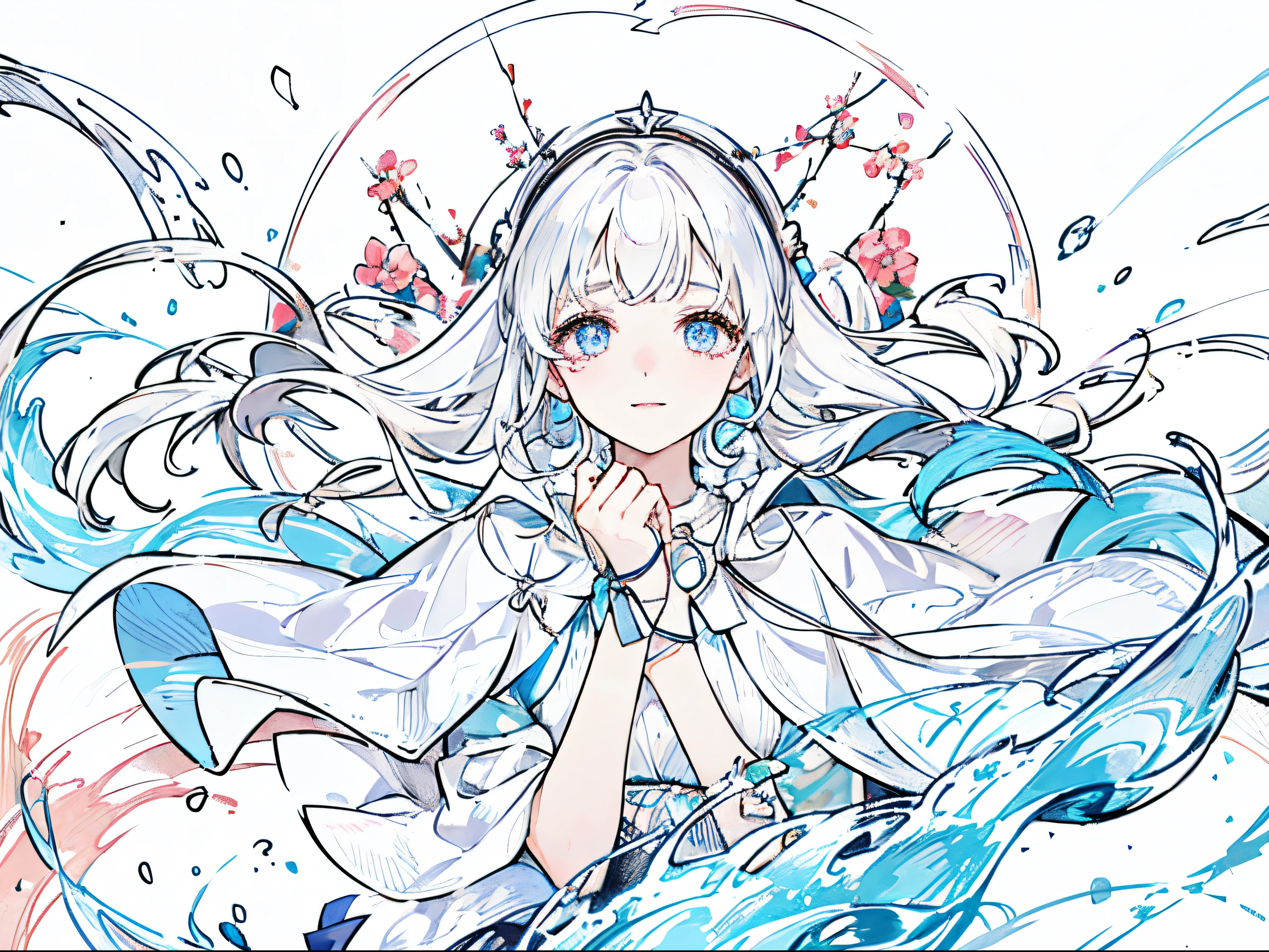 girl、There was light rain、white color hair、Than heart、Bandages wrapped around hands、A bandage around his neck、Have red and blue eyes、Smile and cry、Squinted eyes、parting moment