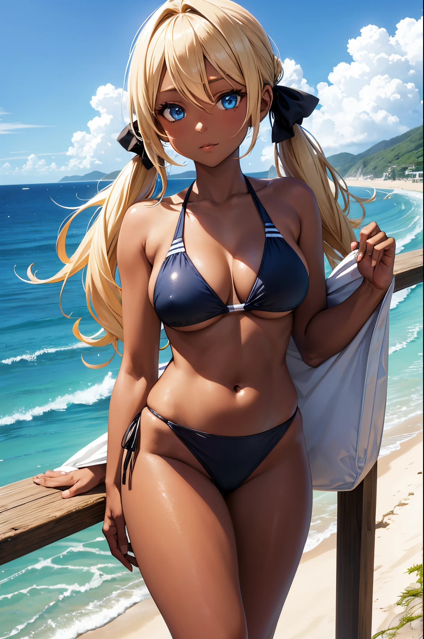 Female, twintails Blonde hair, Blue eyes, dark brown skin, large breasts, wearing a bikini with the beach in the background