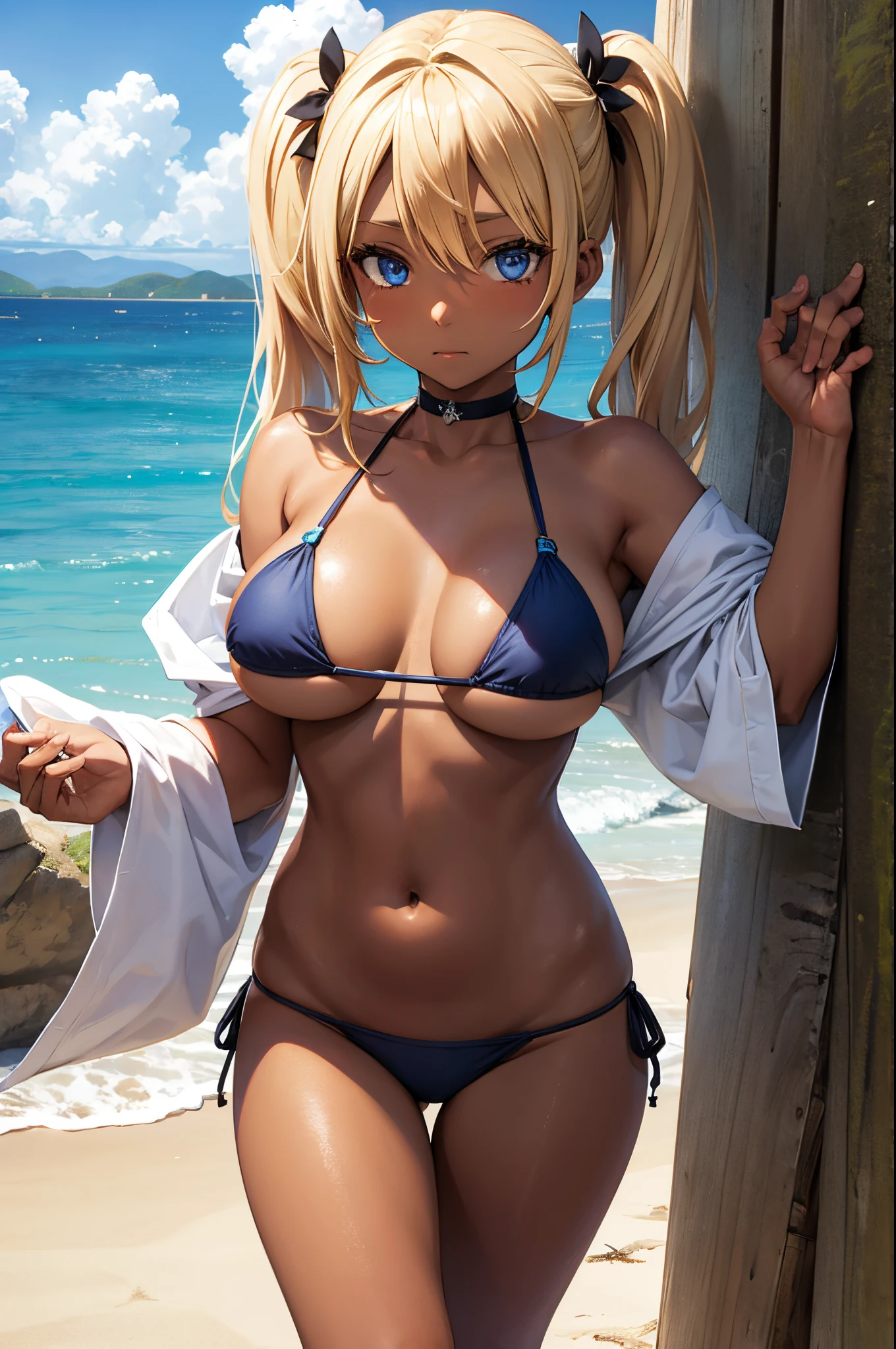 Female, twintails Blonde hair, Blue eyes, dark brown skin, large breasts, wearing a bikini with the beach in the background