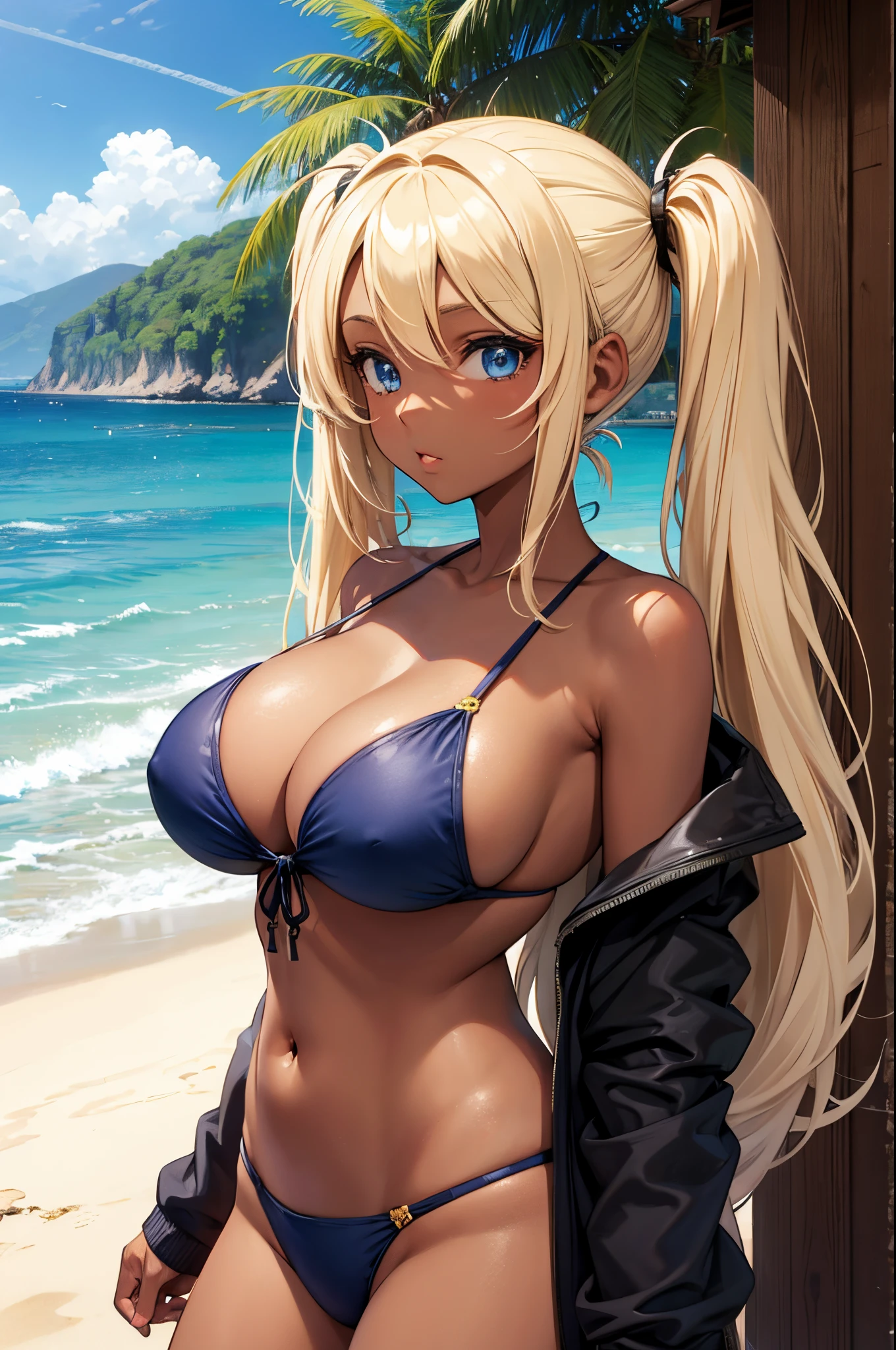 Female, twintails Blonde hair, Blue eyes, dark brown skin, large breasts, wearing a bikini with the beach in the background