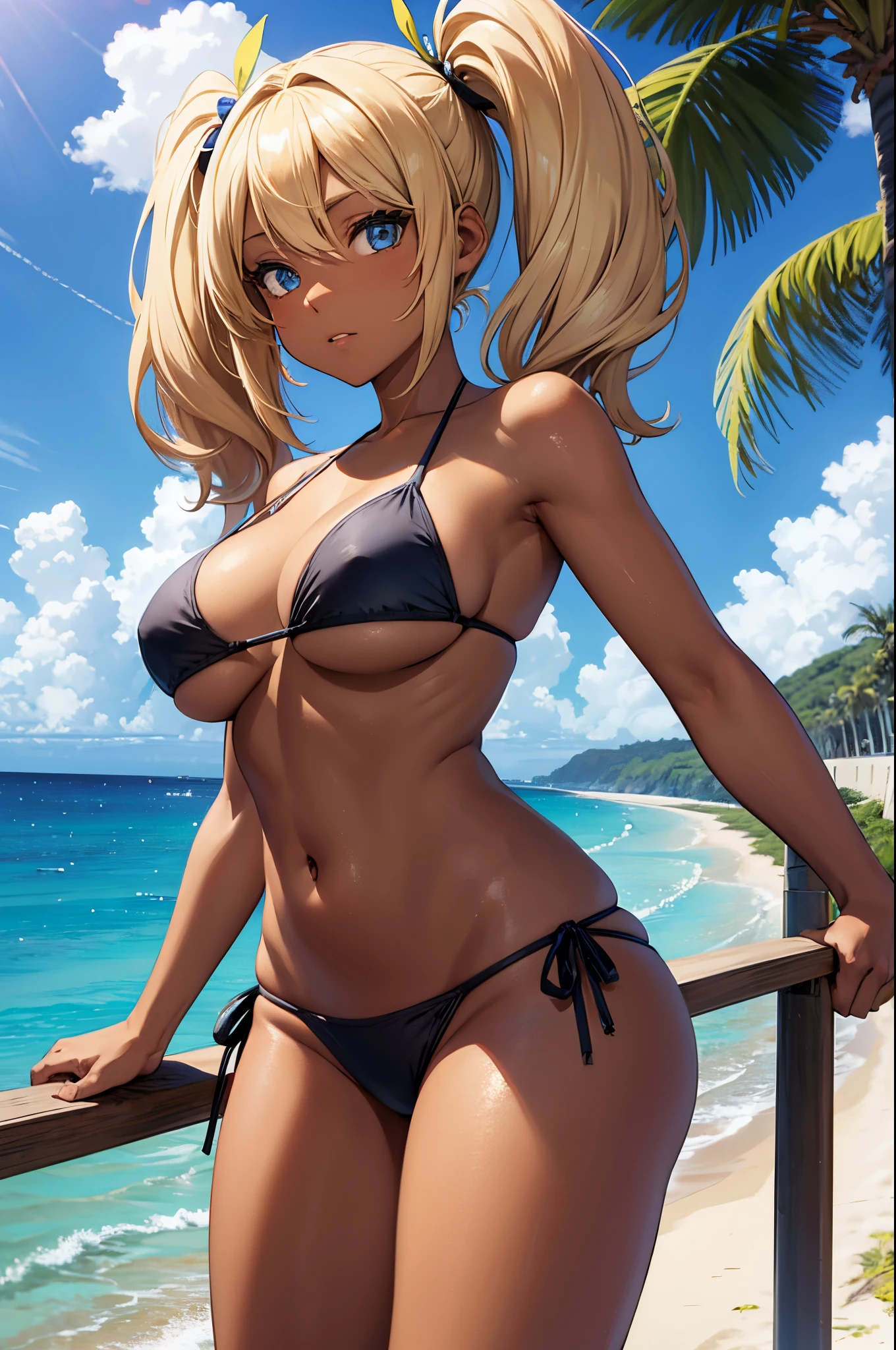 Female, twintails Blonde hair, Blue eyes, dark brown skin, large breasts, wearing a bikini with the beach in the background