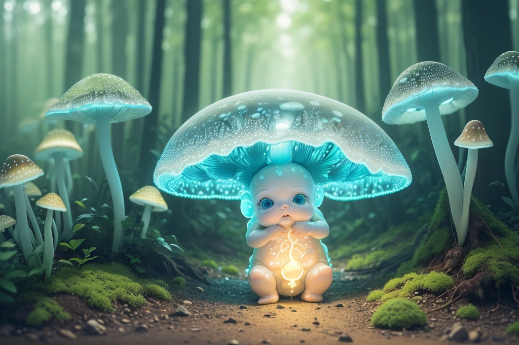Best quality,A high resolution,ultra - detailed,(actual:1.37),extremly intricate，Fluorescent Mushroom Baby,Whole glowing transparent mushroom baby,like a dream,Forest scene,Dewdrops,flash lights,soft mist,fluorescent light blue,emit bright light，transparency,enchanting atmosphere,The magic of nature,Surreal,HighDynamicRange,Focus sharp,bokeh