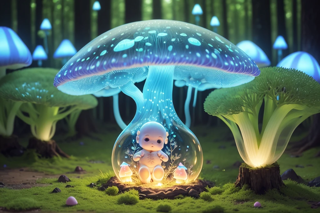 Best quality,A high resolution,ultra - detailed,(actual:1.37),extremly intricate,Fluorescent Mushroom Baby,Whole glowing transparent mushroom baby,like a dream,Forest scene,Dewdrops,flash lights,soft mist,fluorescent light blue,emit bright light,transparency,enchanting atmosphere,The magic of nature,Surreal,HighDynamicRange,Focus sharp,bokeh