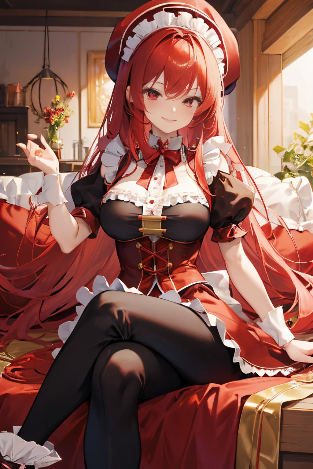 "anime girl, 1 person, bright red hair, shoulder length hair, dark red eyes, small hat, red hat with gold trim, maid, maid outfit, lolita,big breasts, pants stockings, crossed legs, smiling smiling, solo, front view (full HD 4K+ photo)"