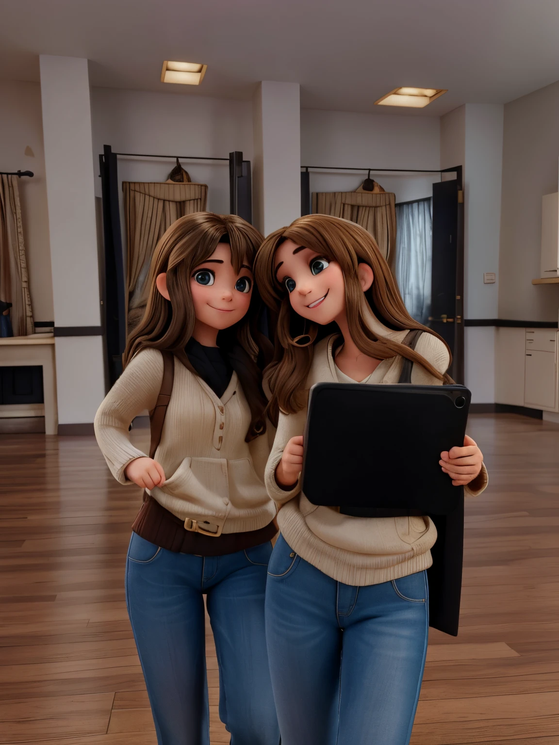 They are happy and the brunette girl looks in camera