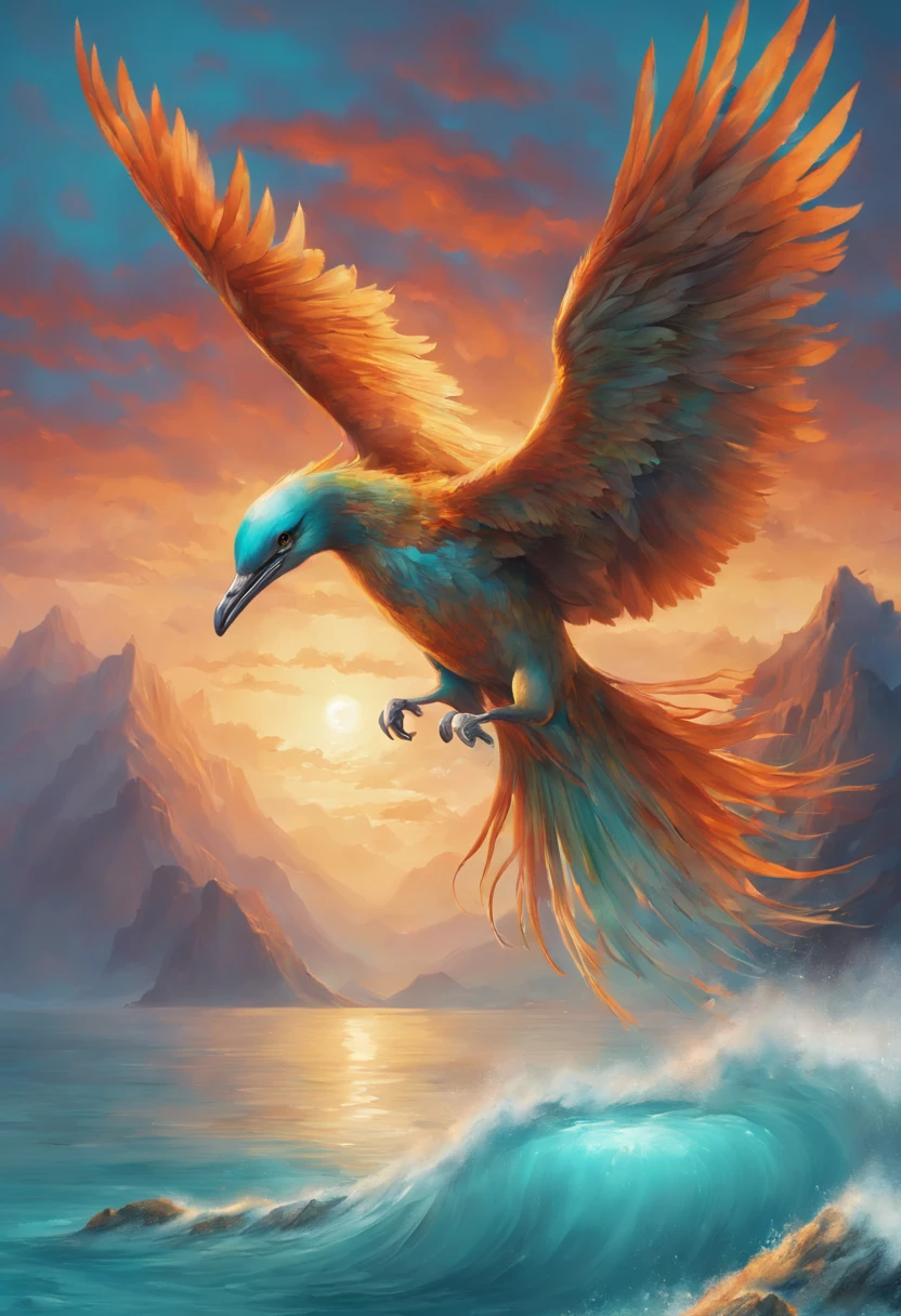 beautiful phoenix bird rising over seascape, mountains, Turquoise water, Dolphins,