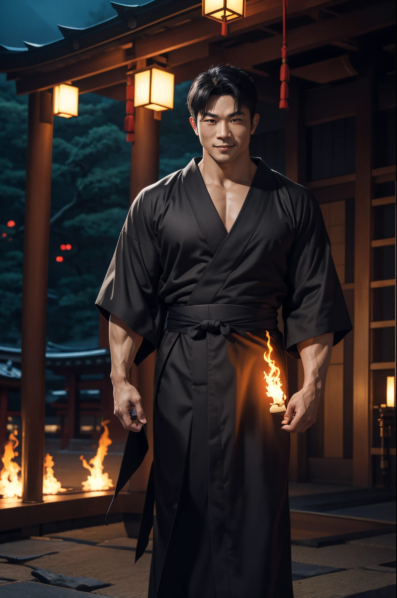 8K,Japan people in kimono,big muscular muscular body,japanes,Mature man with short black hair, Red eyes,Best Quality, handsome yukata, Gray and black Japanese bathrobe, Flame black dog pattern on costume(Super precise black dog work)wear men's kimono,Energetic, White socks, in bad, masutepiece, 超A high resolution, Detailed background, reality, Single, 1 Japanese male, Muscle Man, In front of the temple at night, Torch lighting, depth of fields, handsome action, big dynamic,super realistic skin,underground underworld,Boldly smile,bandage both arms,demon hunter costume,karate,Fantasyart,character art,