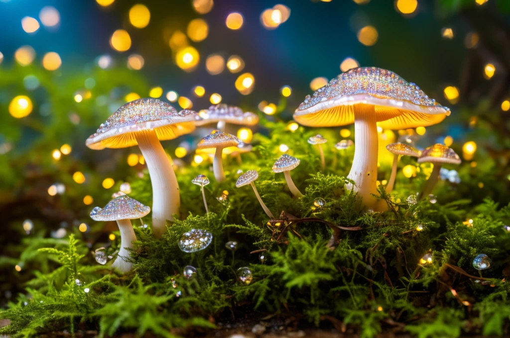 Best quality at best,A high resolution,ultra - detailed,(actual:1.37),extremly intricate，Fluorescent Mushroom Baby,Whole glowing transparent mushroom baby,like a dream,Forest scene,Dewdrops,flash lights,soft mist,fluorescent light blue,emit bright light，transparency,enchanting atmosphere,The magic of nature,Surreal,HighDynamicRange,Focus sharp,bokeh