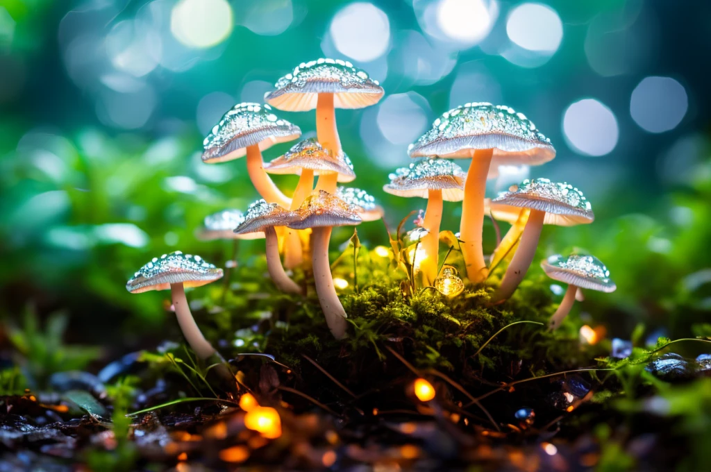 Best quality at best,A high resolution,ultra - detailed,(actual:1.37),extremly intricate,Fluorescent Mushroom ,Whole glowing transparent mushroom babye a dream,Forest scene,Dewdrops,flash lights,soft mist,fluorescent light blue,emit bright light,transparency,enchanting atmosphere,The magic of nature,Surreal,HighDynamicRange,Focus sharp,bokeh