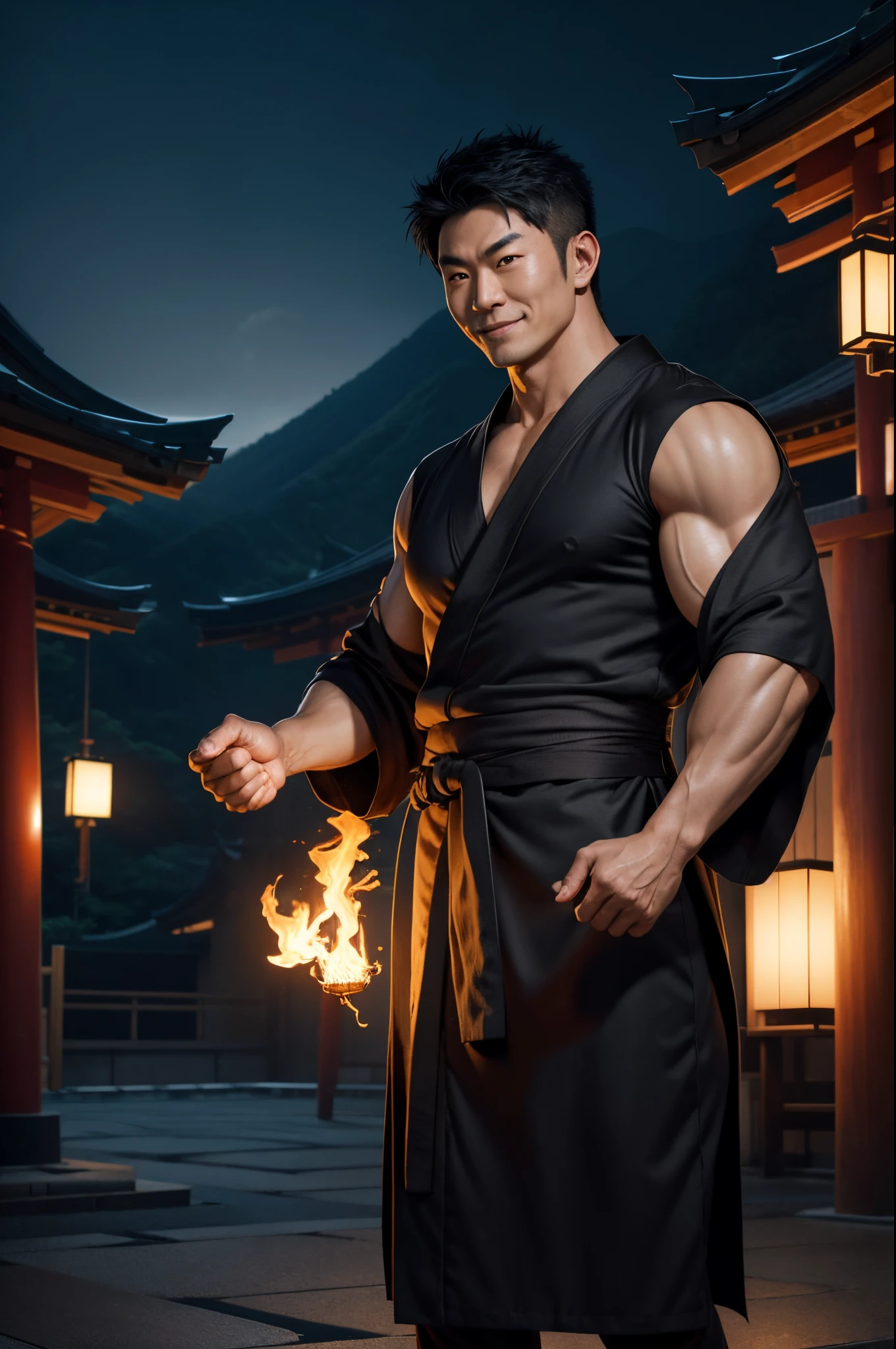 8K,Japan people in kimono,big muscular muscular body,japanes,Mature man with short black hair, Red eyes,Best Quality, handsome yukata, Gray and black Japanese bathrobe, Flame black dog pattern on costume(Super precise black dog work)wear men's kimono,Energetic, White socks, in bad, masutepiece, 超A high resolution, Detailed background, reality, Single, 1 Japanese male, Muscle Man, In front of the temple at night, Torch lighting, depth of fields, handsome action, big dynamic,super realistic skin,underground underworld,Boldly smile,bandage both arms,demon hunter costume,karate,Fantasyart,character art,