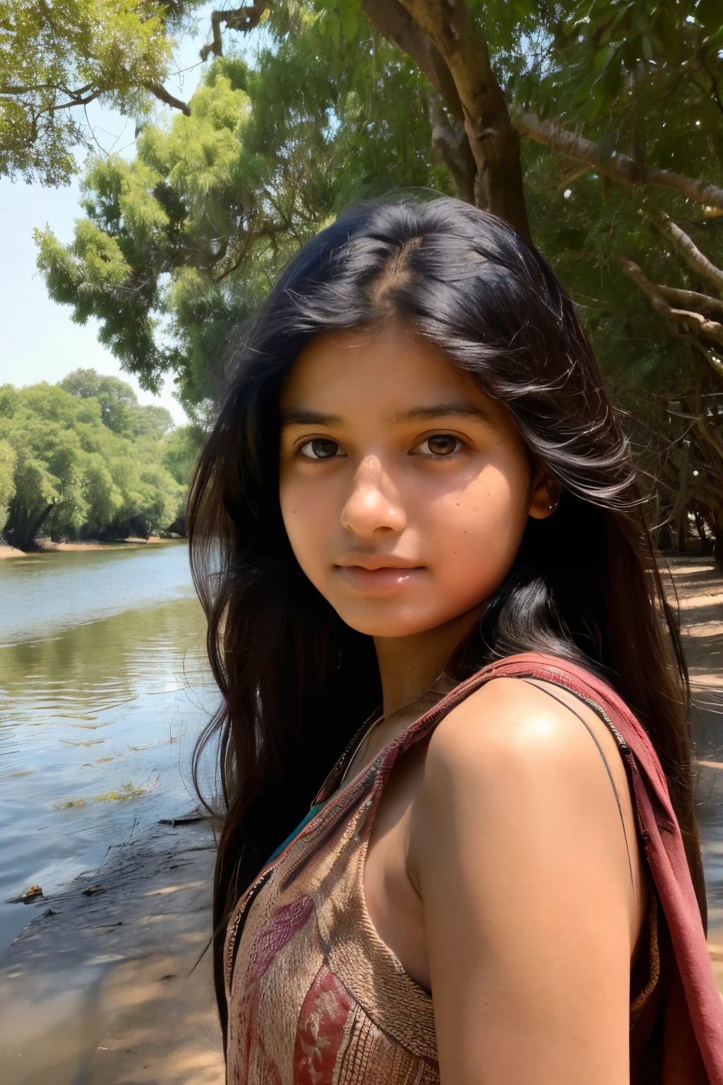 A rural indian girl wanders along the river bank under the shade of ancient trees seen in wide shot ((best quality)), ((masterpiece)), (detailed), perfect face