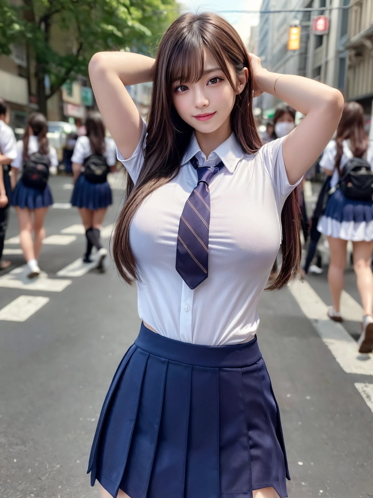 Trem lotado、High school girl with bluish black hair standing happily、tits out、cleavage of the breast、teats、White short-sleeved shirt is sheer、Kamimei、Short navy blue pleated skirt、bow ribbon、Futomo、perspiring、Surrounded by a crowd of middle-aged men、Miniskirt