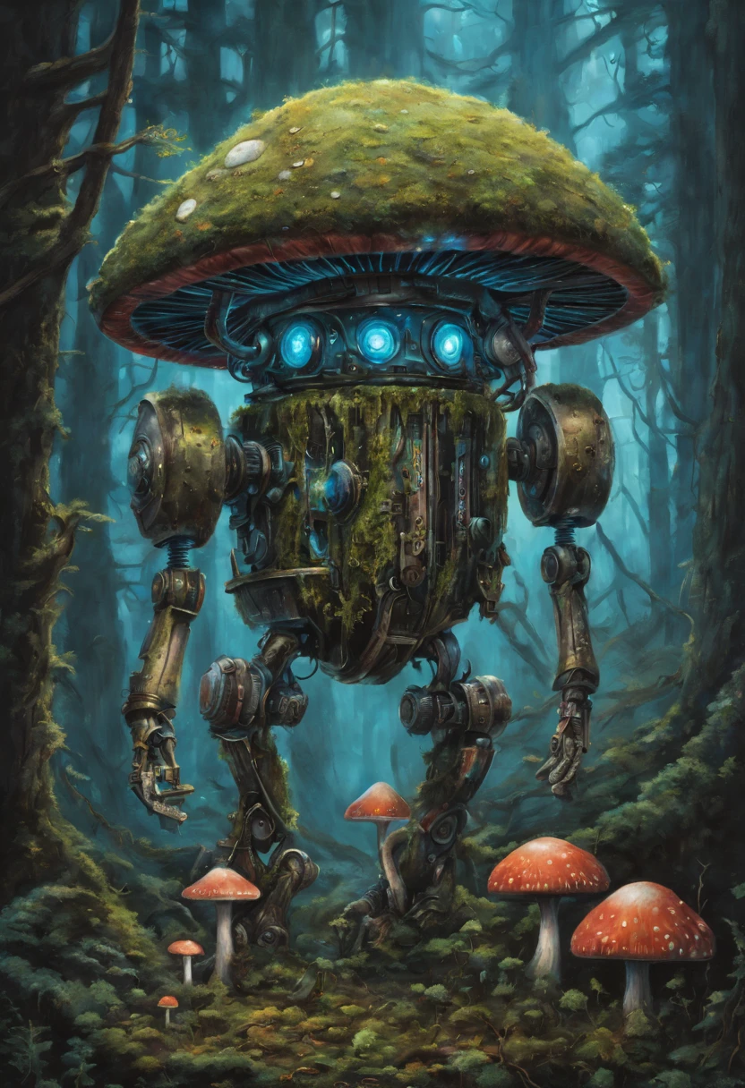 Bioluminescent Mushroom Robot, oil painting, detailed robot with glowing mushrooms, vibrant colors, surreal lighting, ultra-detailed mushrooms, realistic robot design, intricate robot components, magical forest setting, robotic limbs covered in moss, mossy robot exterior, mechanical gears, ethereal atmosphere