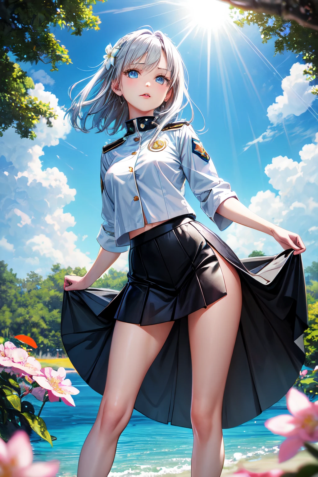 Realistis, girl, silber hair, blue color eyes, glowing light eyes,black uniforms, ,pleatedskirt,slender leg, parted lip,Be red in the face,whole body display, natta, blossoms, suns, rays of sunshine,