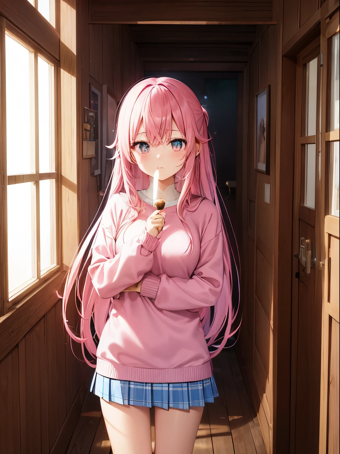 Cute anime girl, long pink hair, blue-pink gradient eyes, pink sweater, pink short skirt, blue striped green socks, nighttime, in an old dark wooden house, wooden walls, candle lights, very dark, loose clothes